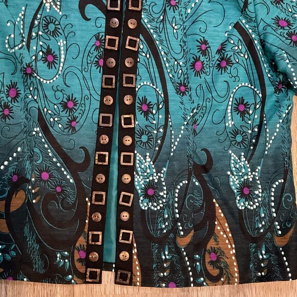 Trenz by Theresa Renz Silk Cardigan Artsy Floral Jacket Wood Buttons‎ Size Large - Picture 2 of 9